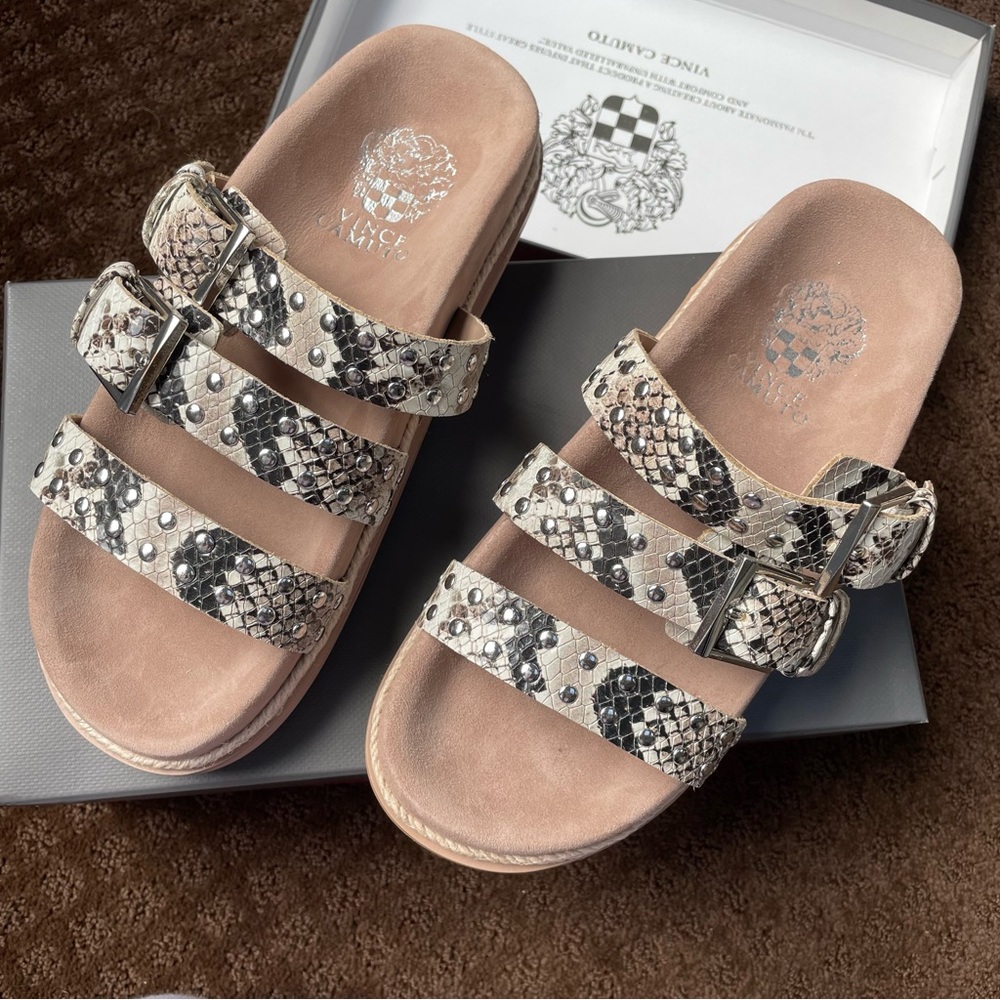 Vince Camuto Suede Snakeskin Adjustable Belt Closure Studded Sandles